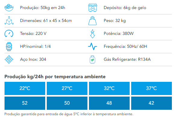 Descrição Máquina de Gelo Everest EGC 50 - Purifica Água Máquinas de Gelo